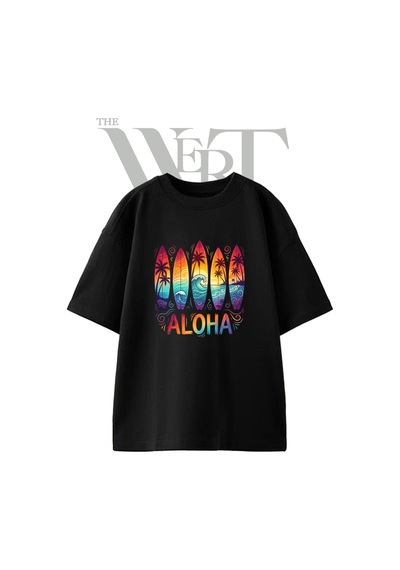 Thewert Aloha Surfboard Tasarım Baskılı Ünisex Siyah Oversize T-shirt