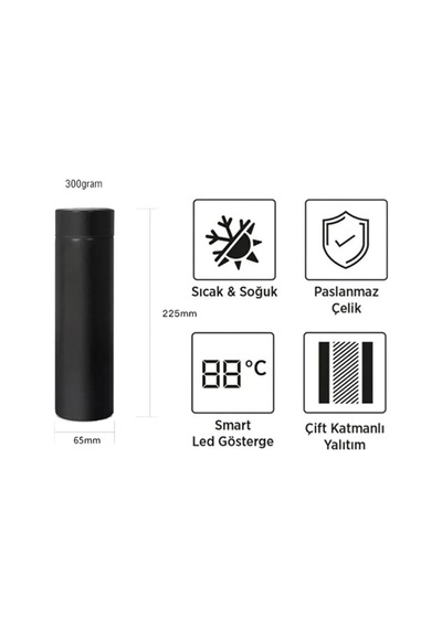 Çelik 500 Ml Dijital Sıcaklık Göstergeli Yalıtımlı Akıllı Termos Siyah Genel