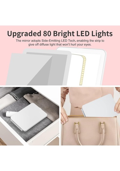 Tr 80 Led Işıklı Makyaj Aynası, Şarj Edilebilir 2500mah Piller, Seyahat Led Kompakt Işıklı Ayna, 3 Renkli Işık Genel