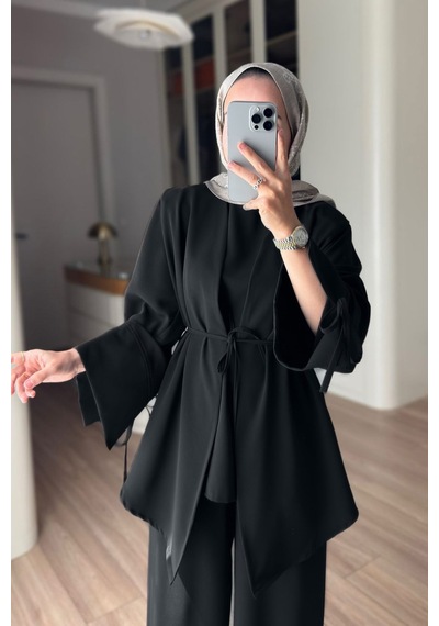 Ka Hijab Kol Detaylı Dökümlü Üçlü Takım - Siyah