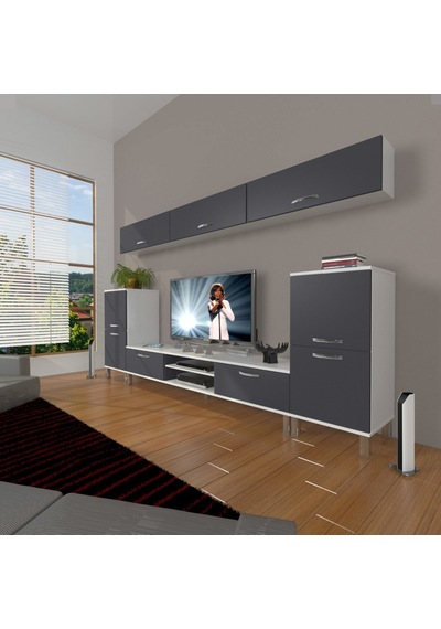 Decoraktiv Eko 9 Mdf Dvd Krom Ayaklı Tv Ünitesi Tv Sehpası Beyaz - Antrasit