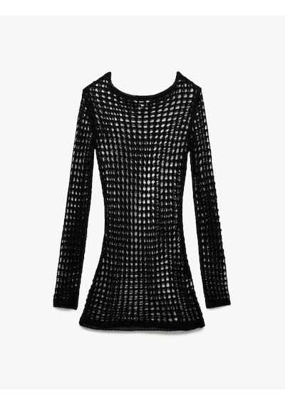 Koton Slim Fit Uzun Kollu Bisiklet Yaka File Kroşe Plaj Elbisesi Siyah 6sak80001mt