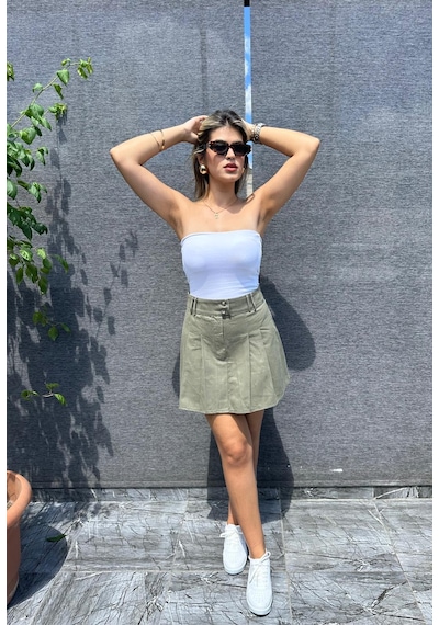 Önden Pileli Kadın Mini Etek KT01869 Yeşil