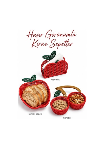 Hasır Görünümlü Kiraz Sepet Seti Ekmek Sepeti, Çerezlik Ve Peçetelik 3 Lü Set Kırmızı