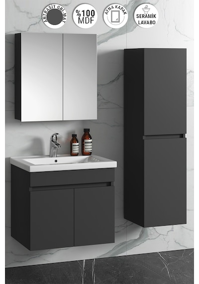 Çiğdem 65+35 Cm Antrasit Gri Mdf Sepetli Asma Banyo Dolabı Takımı Antrasit - Gri