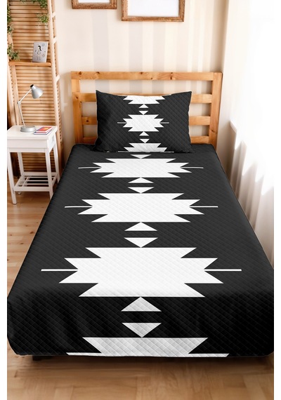 Siyah Geometrik Genç Odası Tek Kişilik Pike Takımı - Modern Etnik 160x220 Cm Kapitone Yatak Örtüsü Pembe