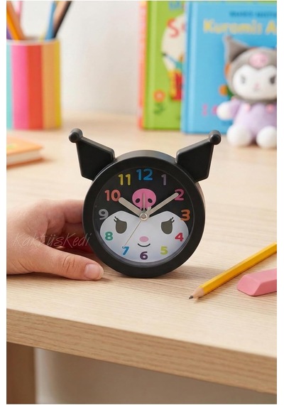Kuromi Figürlü Dekoratif Mini Çocuk Odası Masa Saati, Sesli Alarm Fonksiyonlu, Siyah, 10x10 Cm