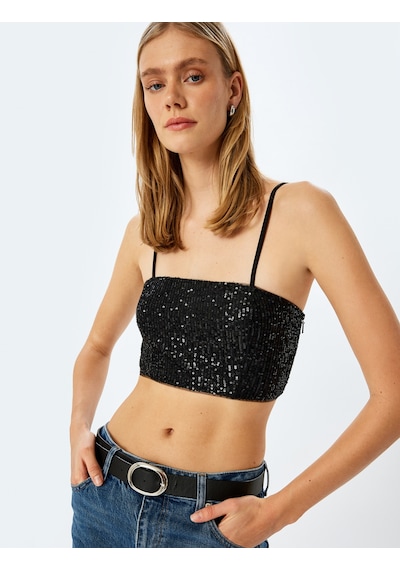 Koton Pullu Payetli İnce Askılı Crop Atlet Siyah 5sak30002fk Siyah