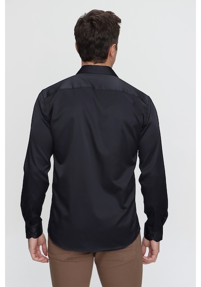 Morven Erkek Siyah Slim Fit Dar Kesim Düz Sert Yaka Uzun Kollu Gömlek Siyah