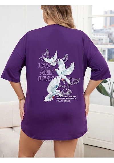 Uyguntarz Love And Peace Baskılı Unisex Oversize Tshirt Mor