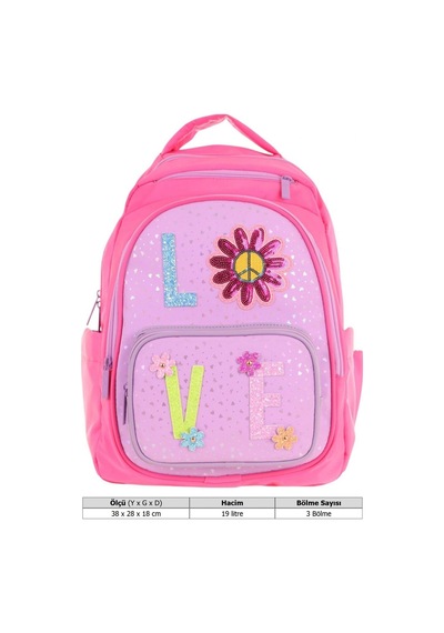 Kaukko Kids Simli Love Desenli Kız Çocuk Dört Bölmeli Okul Çantası - L5211 Pembe - Mor