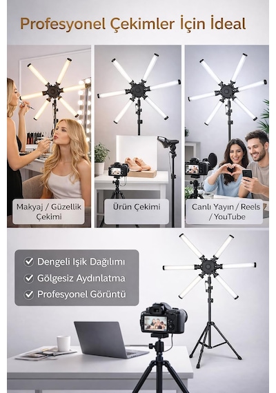 Yıldız Çubuk Led Işık Ürün Çekim Canlı Yayın Tam Profesyonel 2.10cm Trpod Ayak Çekim Işığı Beyaz