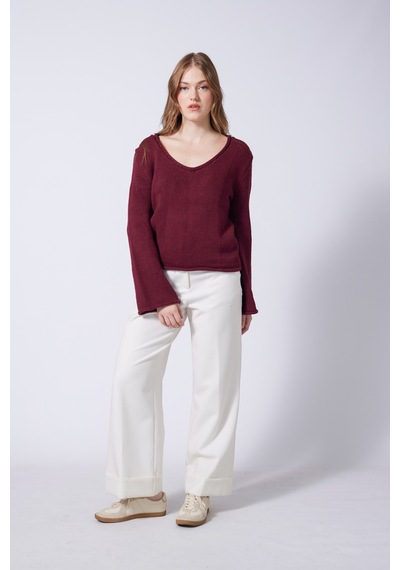 V Yaka Basic Triko Kazak Bordo