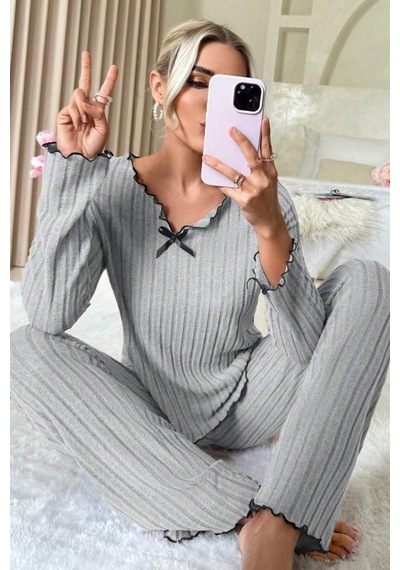 Moda Dua Kadın Gri Çizgili Uzun Kollu Fiyonk Detaylı Pijama Takımı Rahat Mevsimlik