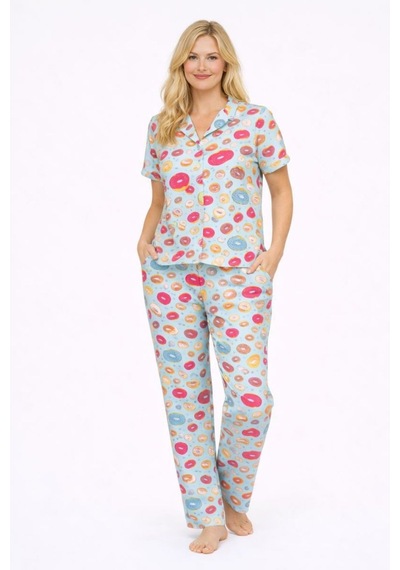 Burcumay Kadın Çok Renkli Donut Desenli Kısa Kollu Yazlık Pijama Takımı Çok Renkli