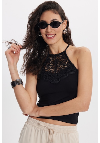 Tudors Kadın Slim Fit Dar Kesim Kolsuz Bisiklet Yaka Dantelli Sırt Detaylı Siyah Bluz-50571