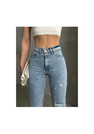 Kene Jeans Yüksek Bel Taş Yıkama Diz Lazer Yırtık Detaylı Mom Jeans Taş