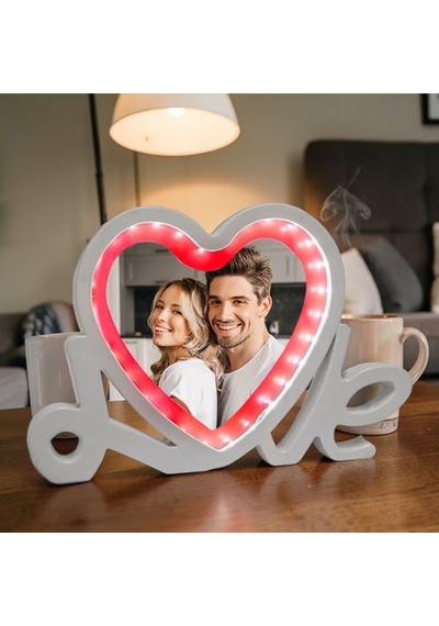 Kişiye Özel Fotoğraflı Love Yazılı Sihirli Ayna - Led Işıklı Kalp Makyaj Aynası Ve Çerçeve Beyaz