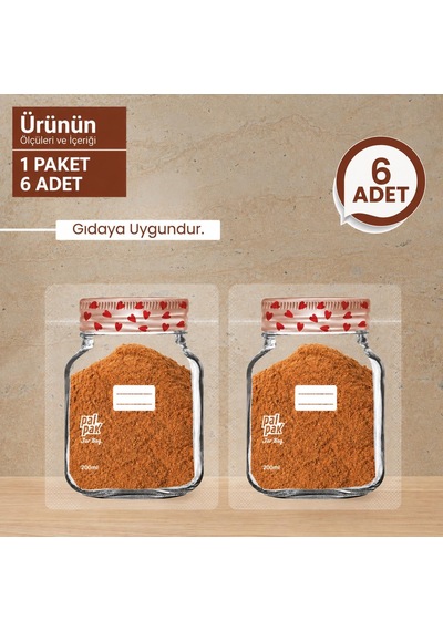 Kalp Desenli Mini Boy Kavanoz Görünümlü Kilitli Doypack Saklama Poşeti 6 Adet 200 Ml-11x15 Cm Şeffaf
