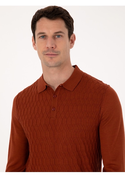 Cacharel Karamel Slim Fit Yün Karışımlı Polo Yaka Triko Kazak Kahverengi