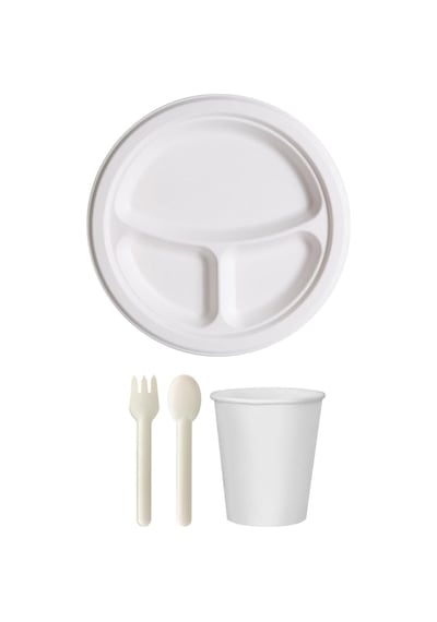 Ekolojik 26 Cm. 3 Bölmeli 48 Kişilik Parti Piknik Sofra Sunum Seti -tabak Bardak Çatal Kaşık Takımı