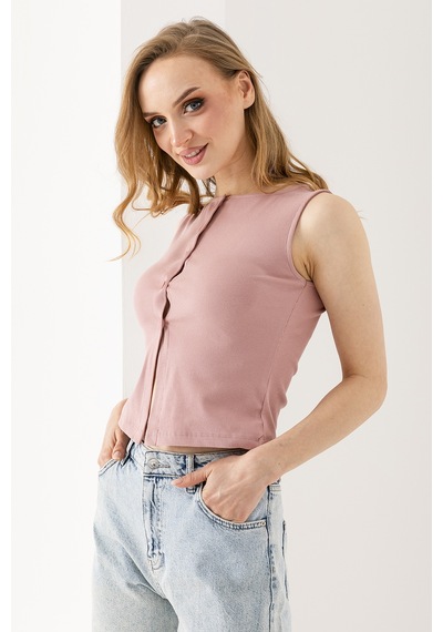 Giysa Kadın Bisiklet Yaka Düğmeli Fitilli Body Pembe - 25y 2457 Şeker Pembe
