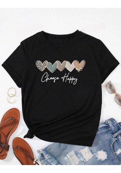 Unisex Pamuklu Choose Happy Kalp Ön Baskılı Tasarım Tshirt SIYAH