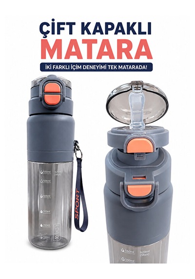 Çift Kapaklı Matara Suluk 920 Ml 2 Farklı İçim Seçeneği, Spor Ve Günlük Kullanım Gri
