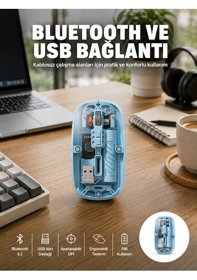 Bluetooth 5.2 Destekli Mavi Pilli Kablosuz Mouse Yeni Nesil - Lisinya