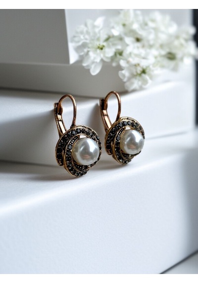Black Diamond İ Taşlı Inci Sallantılı Küpe Gri