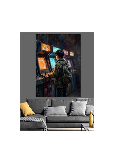 Retro Atölyede Oyun Oynayan Genç Yağlı Boya Dokulu Kanvas Tablo Canvas Tablosu