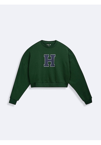 Ltb Bisiklet Yaka Baskılı Crop Yeşil Sweatshırt Yeşil L - XL
