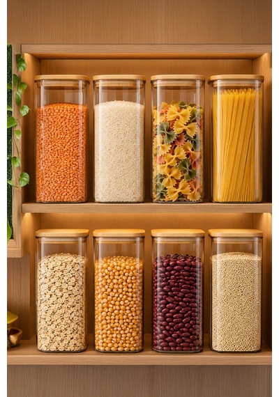 Porsima 7-4 Bambu Vakumlu Kapaklı Kare Borsilikat Cam 8li Kavanoz Seti Saklama Kabı 1900ml 9,5x27cm