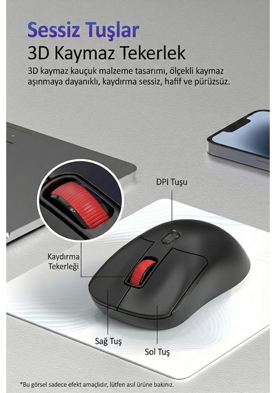 Kablosuz Mouse 2.4g + Bluetooth Çift Modlu Sessiz Tıklama 1600 Dpı Ayarlı Hafif Ergonomik Tasarım 4 Tuşlu Usb Alıcılı Tak Çalıştır Bilgisayar Mouse Ajazz Nj02