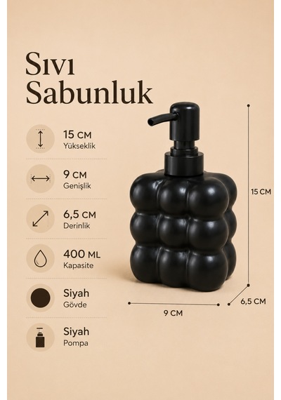Modern Bubble Sıvı Sabunluk 400 Ml Siyah Pompalı Kabarcık Desenli Banyo Ve Mutfak Tezgâh Üstü Dispenser - 15 Cm X 9 Cm X 6,5 Cm