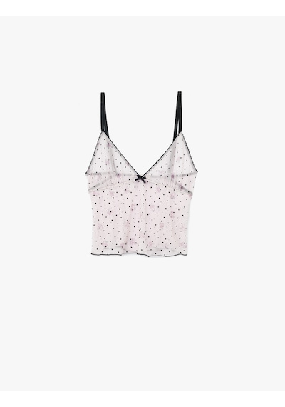 Koton Puantiyeli V Yaka Slim Fit Fiyonklu Tüllü Crop Pijama Üstü Pembe Desenli 7wlk90004mk