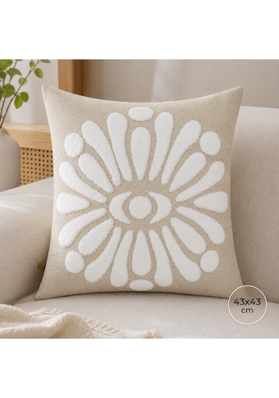 Flora 43x43 Cm Dekoratif Kırlent Kılıfı Kabartmalı Çiçek Desenli Modern Koltuk Yastık Kılıfı Bej