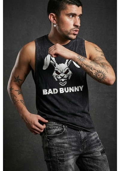 Technomonkey Siyah Erkek Pamuklu Antrenman Sporcu Atleti Oversize Yıkamalı Bad Bunny Baskılı Kolsuz T-shirt