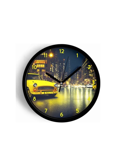 Klasik Araba Ve Gece Şehir Modern Duvar Saati - 25cm - Önü Camlı Siyah Kasa - Sessiz Mekanizma-jh0794 Siyah
