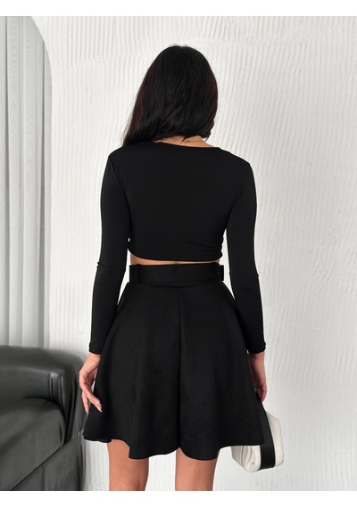 Ozy Fashion Kadın Siyah Renk Midi Boy Kemerli Süet Kloş Etek Siyah