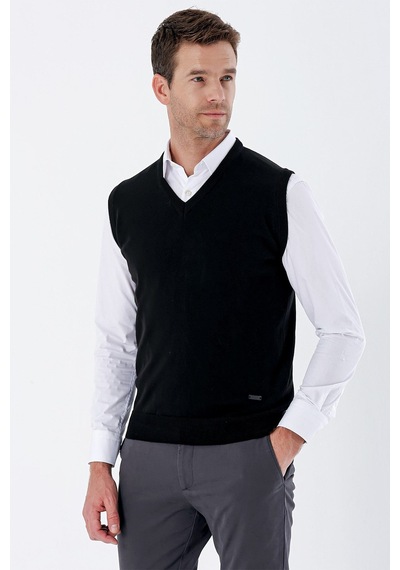 İmza V Yaka Cepsiz Slim Fit Classic Yünlü Triko Süeter 1012255003 Siyah