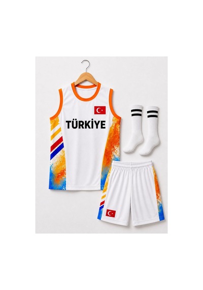 Sonvadi Çocuk Basketbol Forması Türkiye Armalı Beyaz 3 Parça Çorap Beyaz