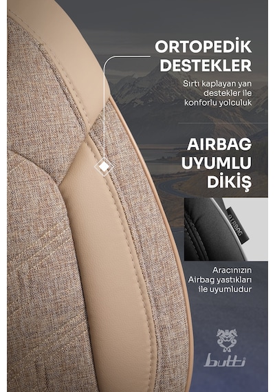 Bej - Bej Butti Bello Serisi Keten Kumaş Premium Oto Koltuk Kılıfı Ortopedik Destekli, Ön Arka Tam Set