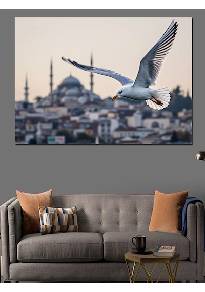 Uçan Martı Ve İstanbul Silueti Dekoratif Kanvas - Mdf Ahşap Tablo