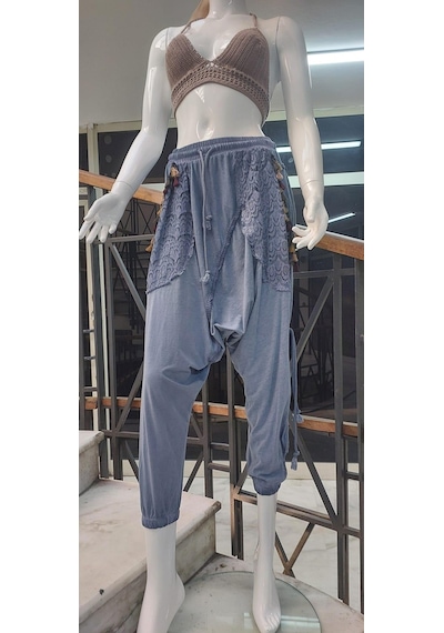 Bohem Stil Kadın Beli Bağlamalı Saçak Detaylı Bohem Şalvar-9241 Kot Mavisi Mavi
