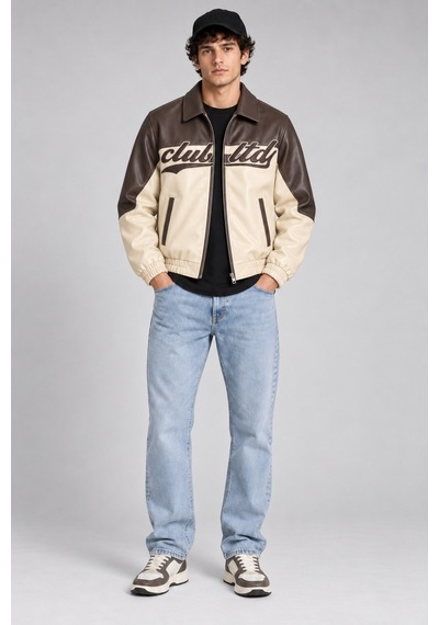 Maison Rae Erkek Krem, İçi Kürklü, Çift Renkli, Yazı Detaylı,oversize Suni Deri Bomber Ceket
