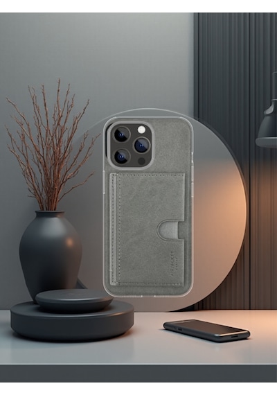 Kartlıklı Tutacaklı Apple Uyumlu iPhone Hakiki Deri Koruyucu Kılıf 12 Pro Gri