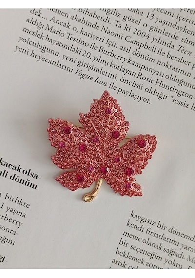 Zirkon Taşlı Çınar Yaprağı Broş, Kadın Yaka İğnesi Pembe