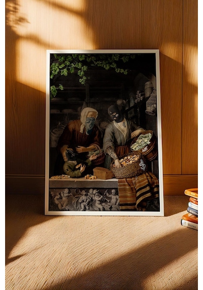 Modern Art Para Temalı Maskeli Figürler Çerçeveli Tablo Ofis Ve Ev Hediyesi Şık Dekor Modifiye Sanat
