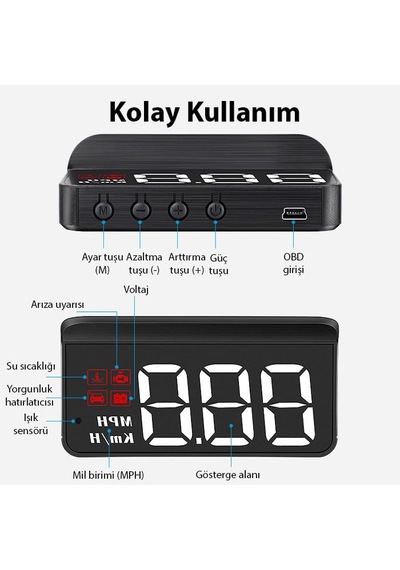 Ally M3 Hud Obd2 Head-up Display Dijital Hız Göstergesi E-obd Ve Gps Destekli Obd Arayüzlü - Alarmlı Ön Cam Ekran